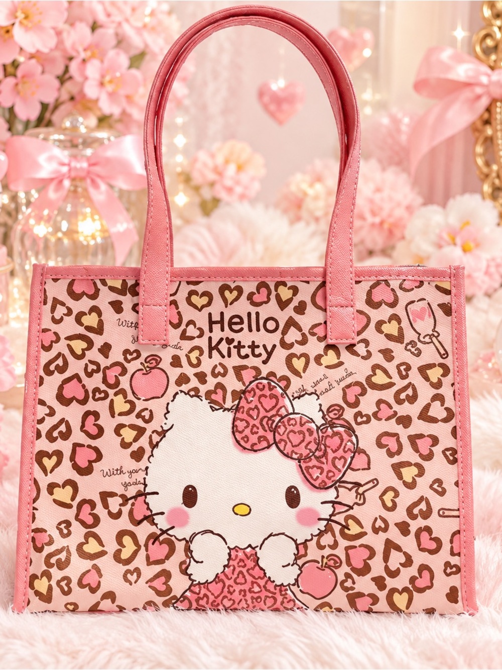 Sanrio Hello Kitty Pink Leopard Heart Print Tote Bag Y2K Kawaii